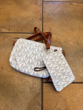 Michael Kors White MK Logo Crossbody with Brown Leather Strap